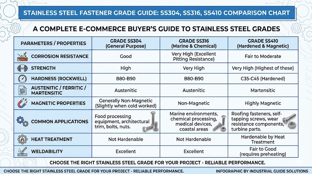 SS304 SS316 SS410 fastener property & material comparison infographic